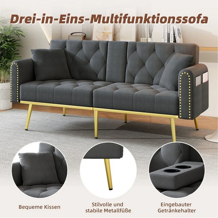 Merax Schlafsofa mit 3 verstellbaren Neigungswinkeln & ausklappbarer Liegefunktion, 2 sitzer Klappsofa Polstersofa mit bettfunktion 1 Teile, Sofa klappbar mit Getränkehalter, Zierkissen & Seitentasche, Samtbezug – Bild 3