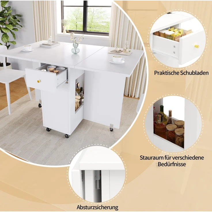 Esstisch 120x75x75 cm klappbar mit Stauraum, 2 Schubladen und Rollen – Bild 8