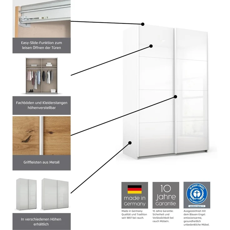 Rauch Möbel Quadra Kleiderschrank, Schwebetürenschrank, 2-türig, inkl. Zubehörpaket Basic 3 Einlegeböden 3 Kleiderstangen, Farbe Alpinweiß/Grau metallic, BxHxT 270 x 210 x 62 cm – Bild 7
