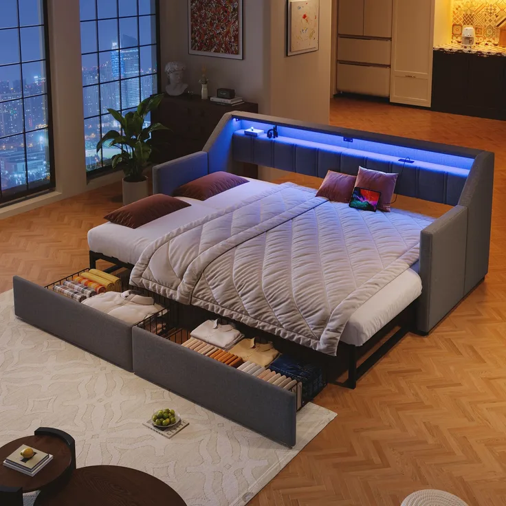 Daybett Tagesbett Schlafsofa Mit USB und Type-C LED-Leiste mit Fernbedienung Mit 2 Schubladen Stauraumtaschen Multifunktionales Ausziehbett Ohne Matratze Grau 90 x 200 cm