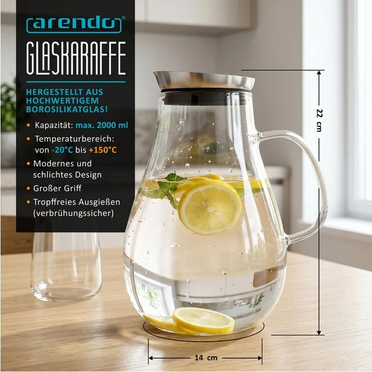 Arendo Karaffe 2x Glaskaraffe 2,0 L, Edelstahldeckel, Henkel, Grobfilter, (Set, 2-tlg, 2000 ml mit Edelstahl-Deckel, Grobfilter und ergonomischem Henkel), Wasserkaraffe, Borosilikatglas, 2000 ml, Sieb, BPA-frei – Bild 2