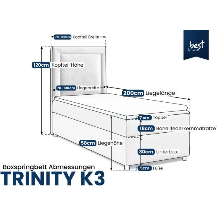 Best for Home Boxspringbett Trinity K-3 Boxspringbett mit Stauraum & Topper – Einzelgrößen (Einzelbett, Polsterbett mit gepolstertes Kopfteil, Jugendbett, Kinderbett versch. Größen, 70x200 80x200 90x200 100x200 cm), verschiedene Liefermöglichkeiten, Ha... – Bild 2