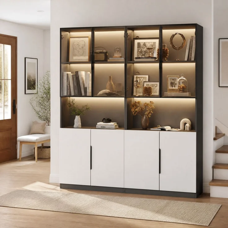 DESVIAE Vitrine mit LED-Beleuchtung und Glastüren, 160x200x30 cm, Spanplatte, Aluminium und Glas, Weiß/Schwarz – Bild 1