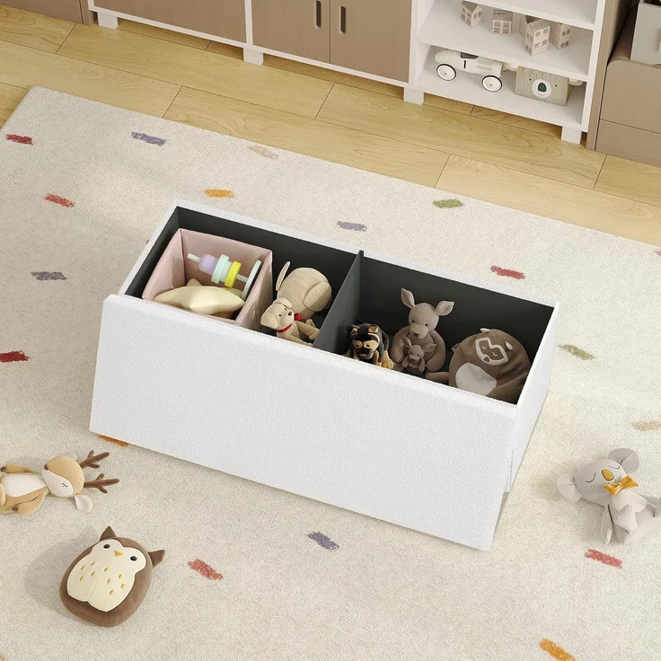 eSituro Sitzbank mit Stauraum, Sitztruhe klappbar, Truhenbank mit Deckel, Polsterbank mit Teddystoff-Bezug, Fußbank für Schlafzimmer, Aufbewahrungsbox, 135 L, 300 kg belastbar, 110 x 38 x 38 cm, Weiß – Bild 5