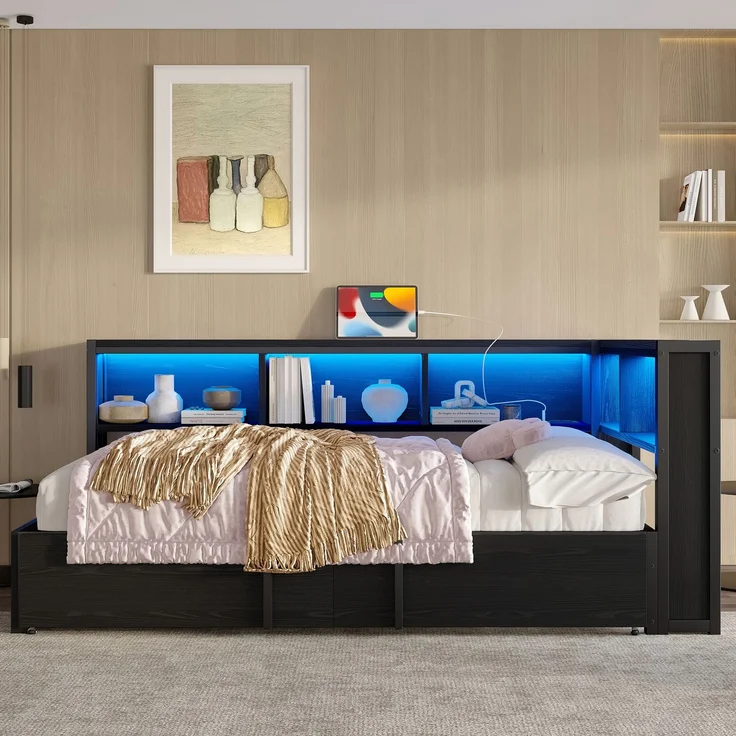 Metall-Tagesbett 90x200 cm mit Ausziehbett, 5 Stauschränken, LED-Beleuchtung und USB-Ladestation, Schwarz – Bild 4