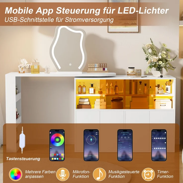 Drehbarer Schminktisch mit LED-Spiegel & Stauraum, 177x40x131,5 cm, Weiß – Bild 6