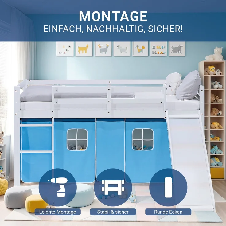 Hochbett Kinder 90x200 cm mit Rutsche Kinderbett Kinderhochbett Stockbett Vorhang Blau Leiter Holz Massiv – Bild 5