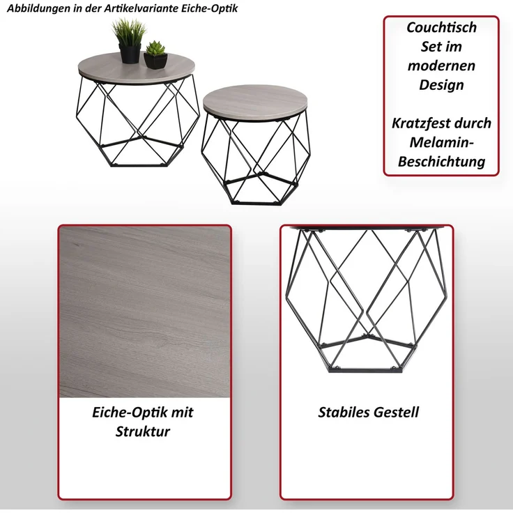 Couchtisch-Set HWC-L37, Kaffeetisch Beistelltisch Loungetisch, Metall Holz ~ Eiche-grau-Optik – Bild 2