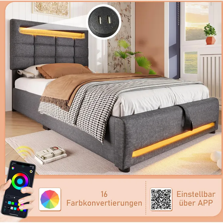 Softweary Polsterbett, 90x200 cm, mit LED-Beleuchtung, USB Anschlüssen und Stauraum, Leinen grau – Bild 4
