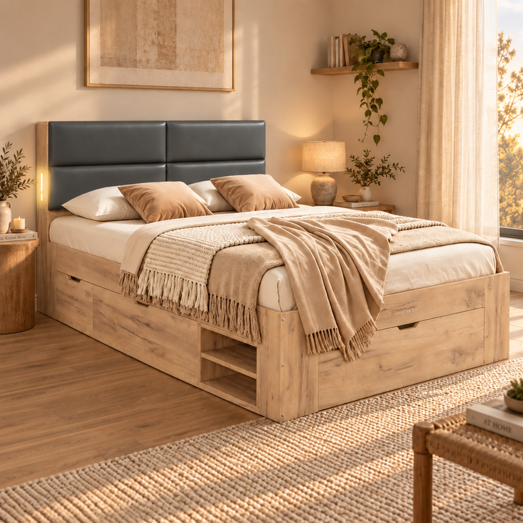 Bett mit Schubladen und Nachtlicht, Liegefläche 140×200 cm, Naturfarbe, ohne Matratze – Bild 2