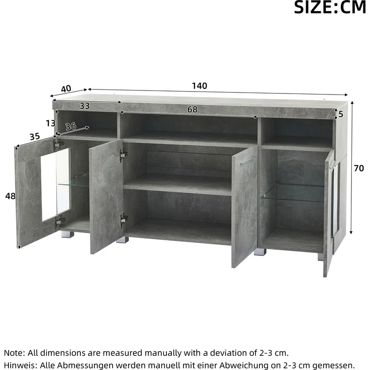 Beistelltisch Sideboard 140x40x70 cm, zementgrau mit LED-Beleuchtung & Glasfronten – Bild 10
