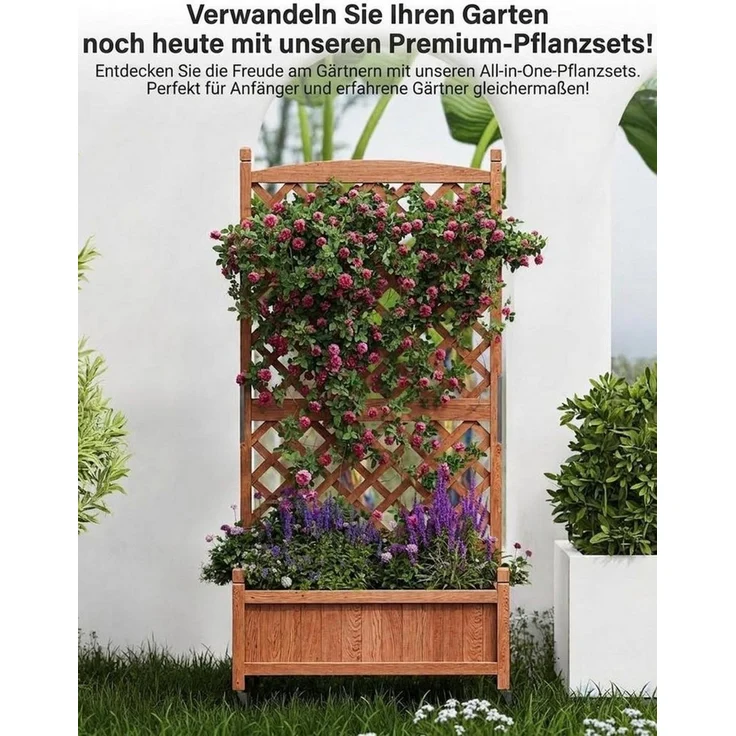 GarveeMore Blumenkasten 1/2 Stk Erhöhtes hochbeet mit Abflusslöchern und feststellbaren Rollen (1 St), Pflanzkasten aus Holz mit Rankgitter,75x66x156cm für Garten,Balkon – Bild 3