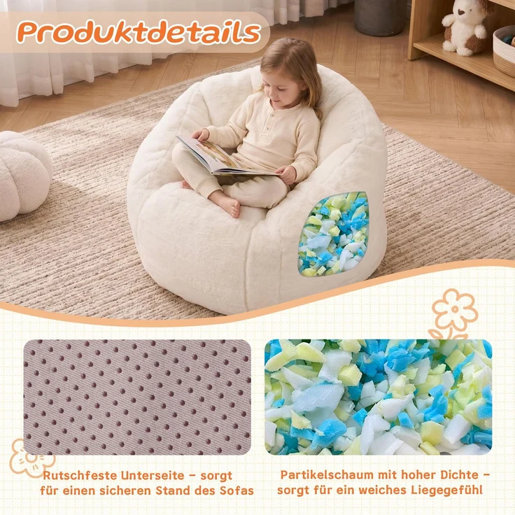 Sitzsack, weicher Plüsch-Sitzsack, bequemer Sitzsack, geeignet für Spielzimmer, Leseecke, Wohnzimmer und Kinderzimmer, für Jungen und Mädchen – klein--Beige--75x70x52cm--YOUDENOVA – Bild 4
