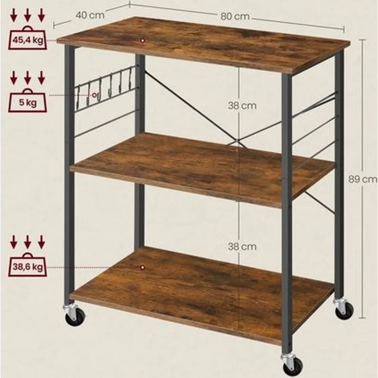 Vasagle Küchenregal auf Rollen, Servierwagen mit 3 Regalböden, Mikrowellenregal, für Minibackofen, Toaster, Wasserkocher, Metall, mit 6 Haken, Industrie-Design,40 x 80 x 82,5 cm (T x B x H), Vintagebraun-Schwarz von Songmics – Bild 3