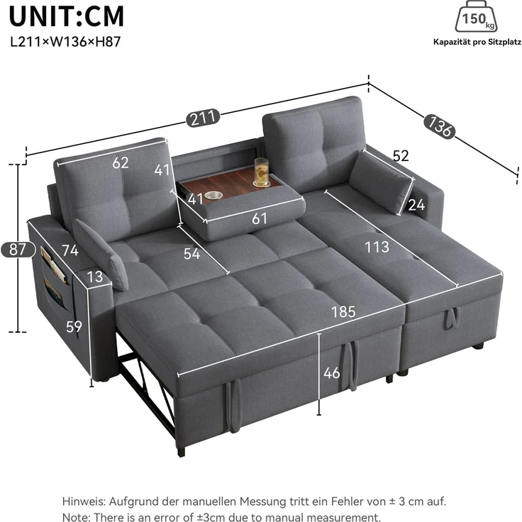 DESVIAE Schlafsofa L-Form mit Stauraum und Getränkehaltern 211x136x87 cm Leinenoptik Grau – Bild 10
