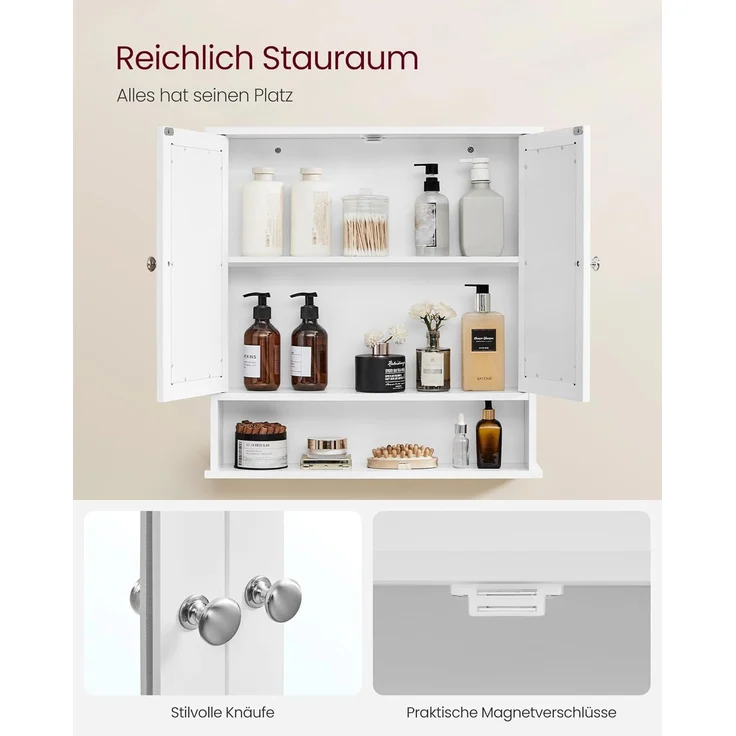 Vasagle Spiegelschrank 2 Spiegeltüren und Ablage, verstellbare Regalebene, 13 x 56,5 x 58,5 cm, weiß – Bild 5