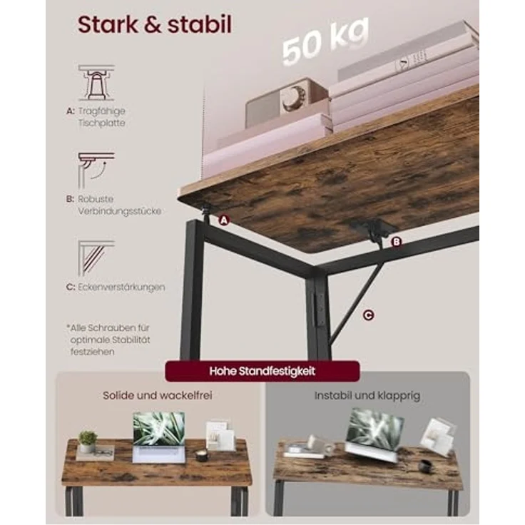 VASAGLE Klapptisch, Kleiner Schreibtisch klappbar, Computertisch, Tischplatte aus einem Stück, abgerundete Ecken, Tisch für Homeoffice, Schlafzimmer, 80x40 cm, vintagebraun LWD151KD01 – Bild 6