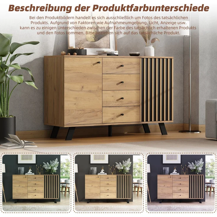 DESVIAE Sideboard mit 4 Schubladen und 2 Schränken 120x75x38 cm MDF Schwarz/Naturholz – Bild 4
