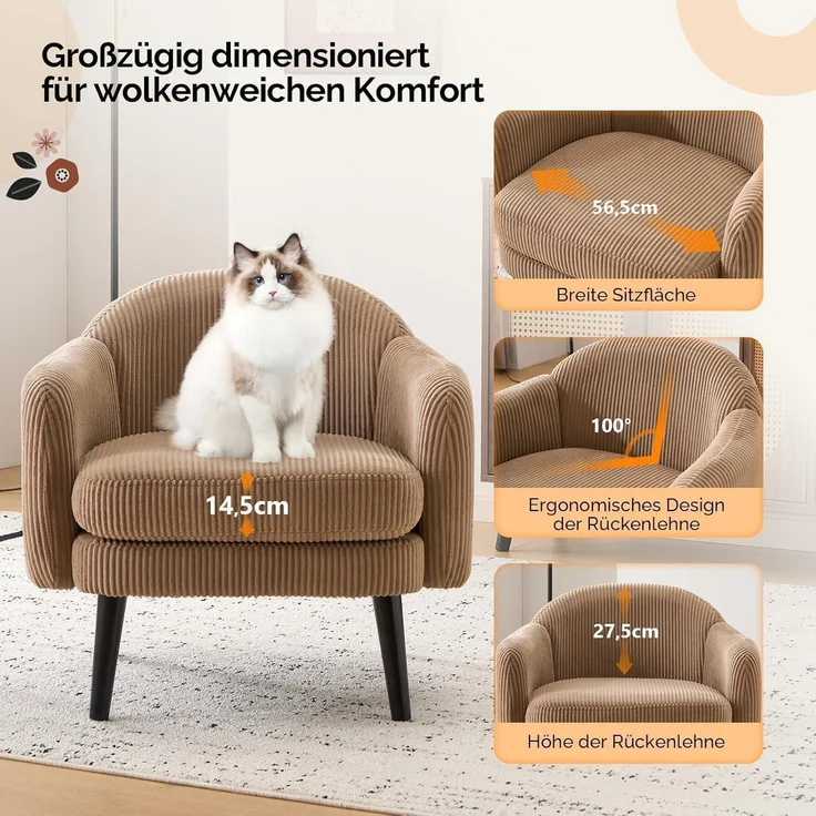 Sessel Cocktailsessel Loungesessel Lesesessel 113kg Cord-stoff Khaki – Bild 4