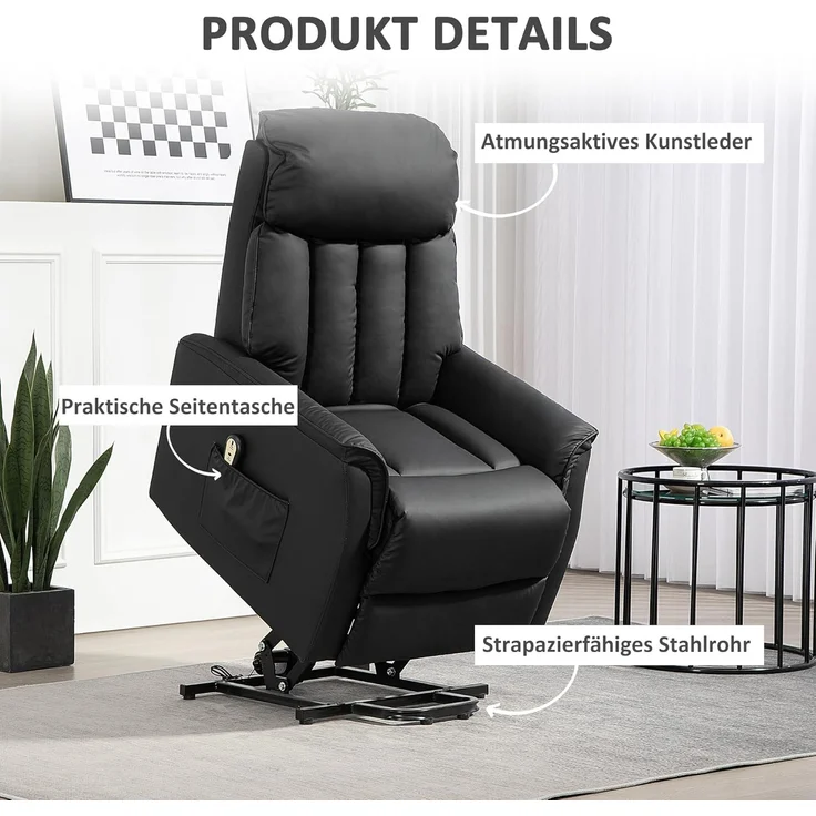 HOMCOM Relaxsessel Elektrischer Aufstehsessel (Fernsehsessel, Sessel mit Aufstehhilfe, Liegefunktion, 1-St, Kunstleder), 80 x 94 x 104 cm, Schwarz – Bild 7