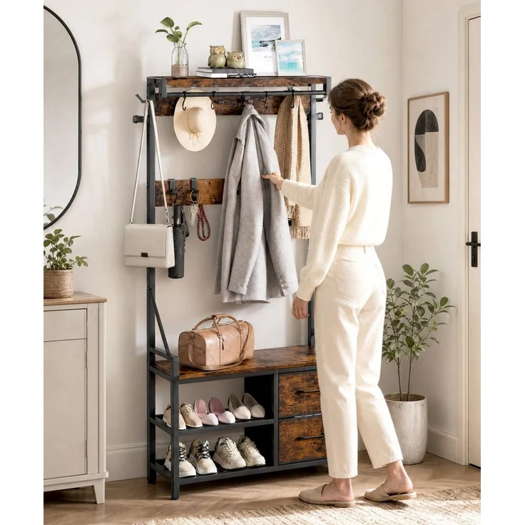 Yorbay Kleiderständer Garderobenständer mit Schuhregal & Sitzbank – 17 Haken, 2 Schuhreihen, (80x30x180 cm), 2 Stoffschubladen,Flurgarderobe für Diele, Wohnzimmer – Bild 2
