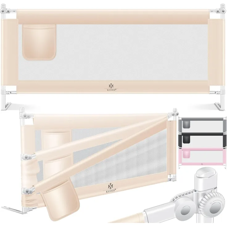 KESSER® Bettgitter 150cm Bettschutzgitter Kinderbettgitter für Kinder Babybettgitter Klappbar, Kinderbett Kinderbettschutzgitter Rausfallschutz, Bett & Elternbett hoch: 72 bis 96cm Beige