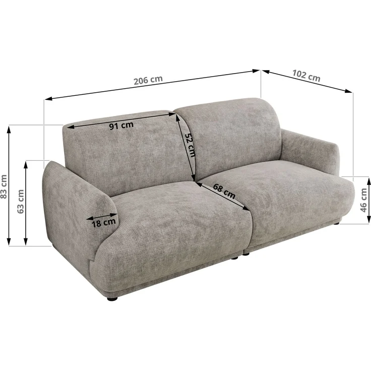 Modernes Design Sofa PUNTA 206 cm 3-Sitzer HR-Schaum Rückenlehne, Wellenfederung, Massivholzrahmen, Sofa mit Armlehnen - Hellgrau Schenille grob gewebt – Bild 8