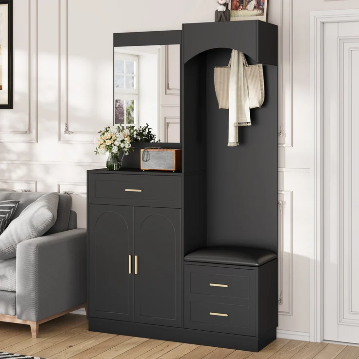Moderne, Kompaktgarderoben,Garderobenschrank und Schuhschrankkombination, Eingangsschrank, multifunktionales Lagerregal mit Spiegel--Schwarz--110x33x185.5cm--YOUDENOVA – Bild 3