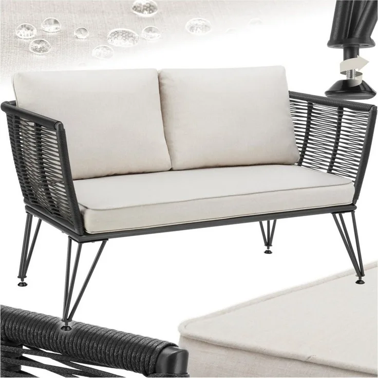 tectake Essgruppe Garten-Loungesofa mit Stahlgestell, 131 x 67 x 71 cm, (Gartensofa Sundo, 1-tlg, Rope-Design in anthrazit), abnehmbare Polyesterbezüge, 250 kg Belastbarkeit, höhenverstellbar