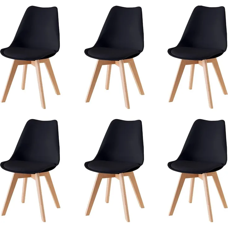 Baroni Home Esszimmerstuhl oder Bürostuhl mit Holzbeinen, Ergonomischer Stuhl mit integriertem Kissen, 57X48X79 cm - Schwarz, 6 Stücke