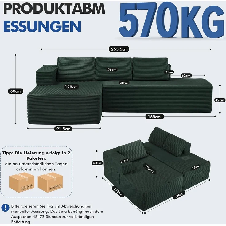 COMHOMA Ecksofa mit Schlaffunktion, 255cm Corduroy Modulares Boneless Couch mit Chaiselongue & Rücken-Metallgestell, L-Form Schlafsofa mit offenem Design, Kissen & Seitentaschen,für Wohnzimmer, Grün-R – Bild 3