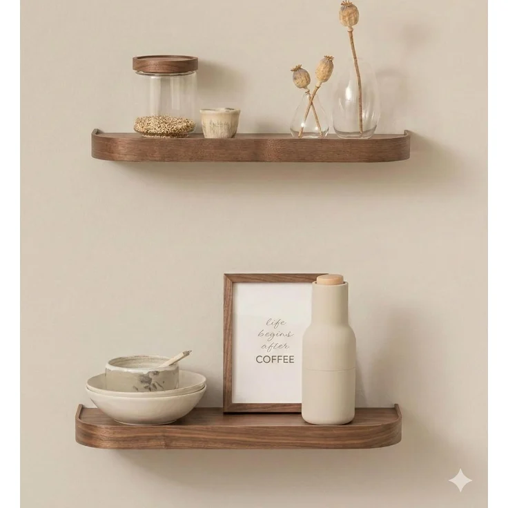 Kazai.® Wandregal-Set 'Toke' | 2 Hängeregale in Echtholz-Veneer | Schwebendes Holzregal als Wanddeko und Ablage für Bad, Wohnzimmer, Küche, Schlafzimmer und mehr | Walnuss