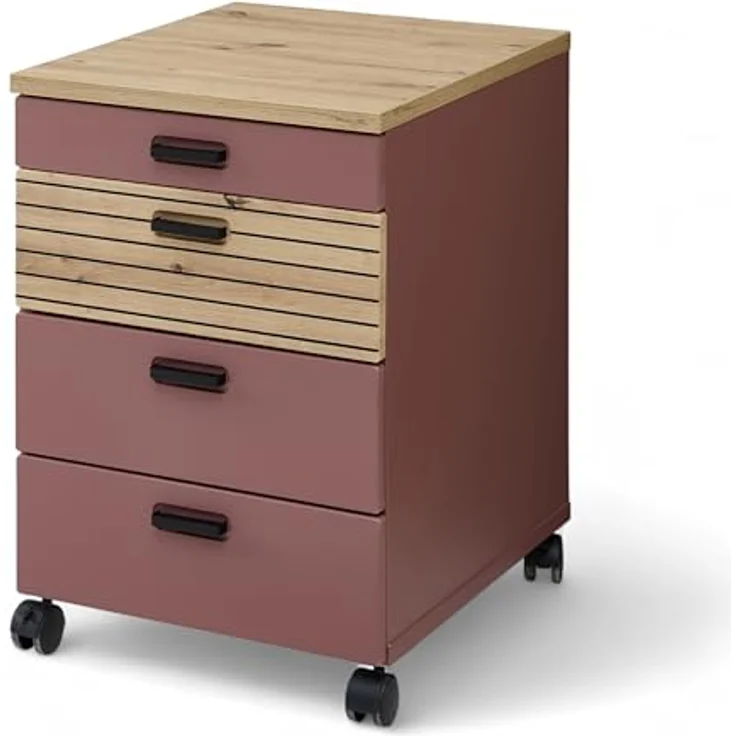 Stella Trading Glenn Rollcontainer Schreibtisch in Rusty Red, Artisan Eiche Optik - Mobiler Büroschrank mit Schubladen - 45 x 66 x 55 cm (B/H/T) – Bild 2