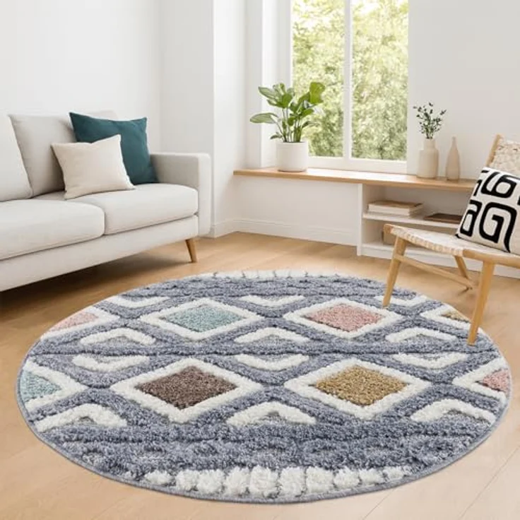 Teppich Rund - Hochflor - Boho - Pastell Multi - 120x120cm - Einfarbig - Modern Raute Ornamente - Skandinavisch Flauschig Weich - Wohnteppich Schlafzimmer Dekoration – Bild 5