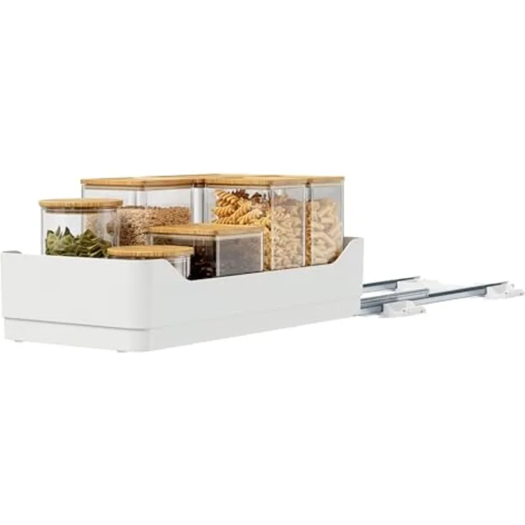 tesa Küchenorganizer-Set Schubladen Organizer Küche, nachrüstbar, ausziehbar, selbstklebend, (Pull Out ausziehbare Küchen-Schublade, 2x Auszugsschienen, 1x Regalboden, 5x Powerstrips-Blätter, uvm, 8-tlg, inkl. Bodenauszug mit 15 Powerstrips & Andrückhi...