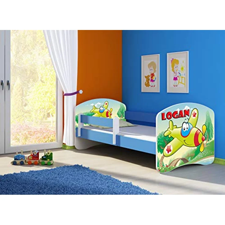 ACMA Kinderbett Jugendbett mit Einer Schublade und Matratze Blau mit Rausfallschutz Lattenrost II 140x70 160x80 180x80 (29 Flugzeug, 160x80) – Bild 5