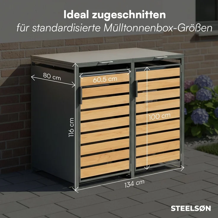 STEELSØN 'Kestra' Mülltonnenbox 2er je 240 Liter, anthrazit mit Holzoptik, Mülltonnenverkleidung aus Stahl, wetterfest, 116x80x134 cm, Müllbox für 2 Tonnen – Bild 6
