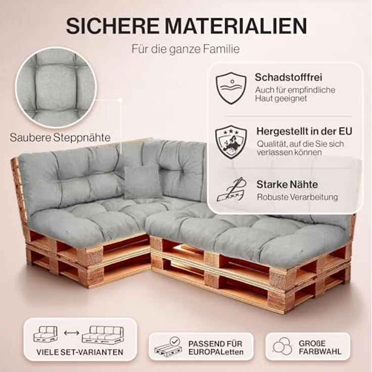 Palettenkissen Set Wetterfest – Sitzkissen für Europaletten – Palettenpolster, gefüllt mit granuliertem Poulirette-Schaum – Inkl. 3x Sitzkissen 120x80 +Rückenlehne 120x40 sowie 60x40 & 40x40 – Bild 4