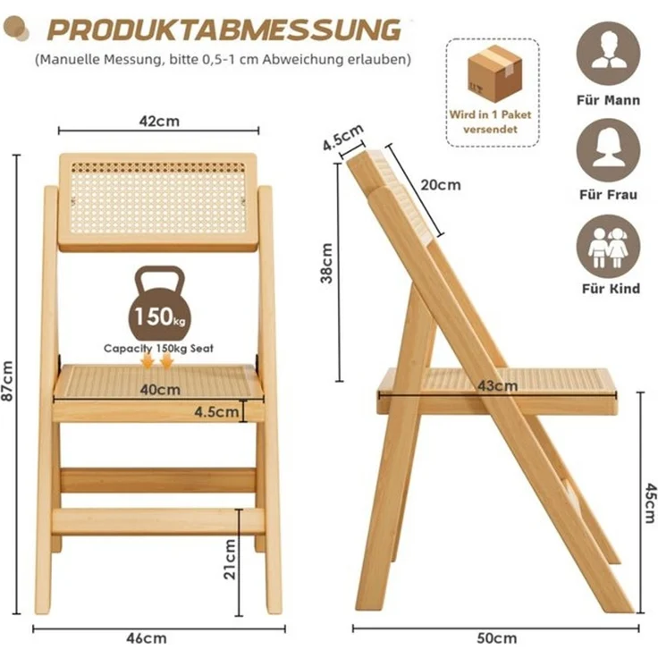 TLGREEN Klappstuhl aus Holz,Faltbar Esszimmerstuhl, (87 x 46 x 43 cm Rattan Stuhl mit Wiener Geflecht, 1 St), Rattan Stuhl, Balkonstuhl, Naturfarben – Bild 4
