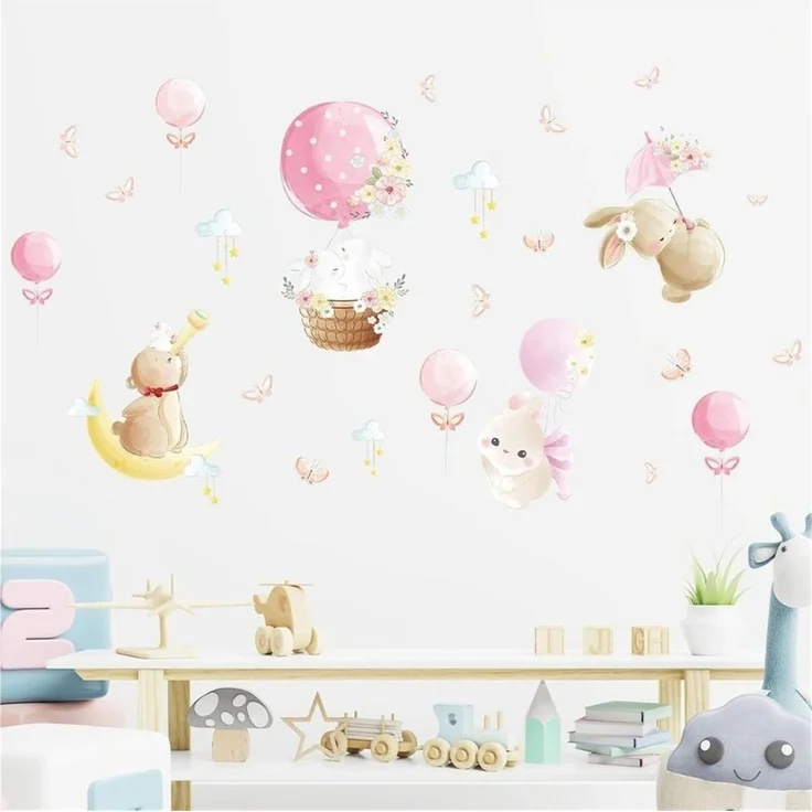 Montegoni Wandsticker Hasen Ballon Wandsticker Kinderzimmer Rosa Wolken Wandtattoo (Mehrteiliges Motivset, 1er Set Hasen Ballon Wandsticker), Selbstklebend, Ablösbar, Mehrteilig, Dekorativ – Bild 1