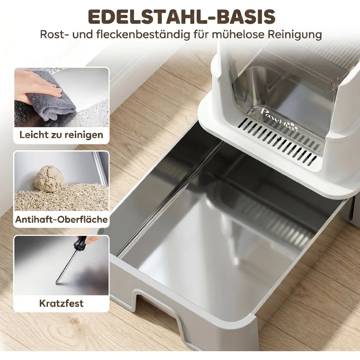 PawHut Katzentoilette, 201 Edelstahl, ABS, Grau, 60L x 40B x 45H cm – Bild 4