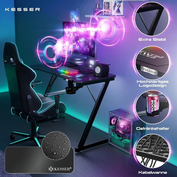 KESSER® Gaming Tisch LED | Z-Form Gamer Schreibtisch | Kopfhörerhaken & Kohlebeschichtung | Ergonomischer PC Computertisch | Stabiler Tisch mit Mauspad & Getränkehalter 120 x 60 cm, Schwarz Carbon – Bild 3