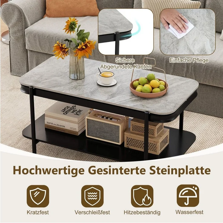 COSTWAY Couchtisch, rechteckig mit Stauraum, Marmor Wohnzimmertisch grau – Bild 3