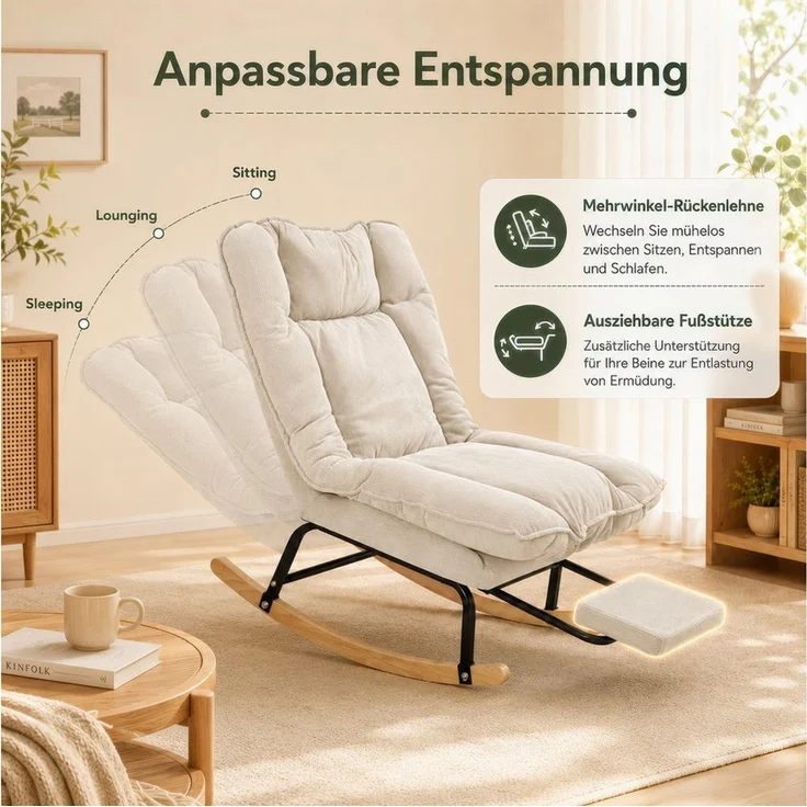 BlingBin Schaukelstuhl mit Fußstütze, verstellbar Rückenlehne, Schaukelsessel, Relaxsessel (Lesesessel, 1 St), Relaxstuhl, Gepolsterter sessel, Cord, bis 120 kg – Bild 3