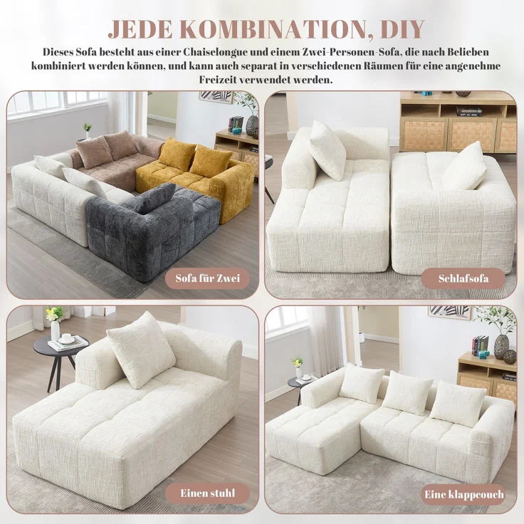 L-Form Sofa (3-Sitzer) mit Chaiselongue, Chenille, ohne Montage, 250x158x60 cm, Beige – Bild 6