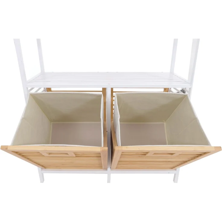 Bambus-Badezimmerschrank HWC-N83, Regal Badschrank, 2 Wäschekörbe 4 Regalböden MVG 168x81x33cm ~ natur-weiß, Korb natur – Bild 4