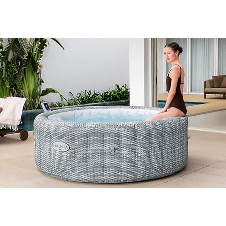 Bestway LAY-Z-SPA Energiespar-Whirlpool Bali AirJet mit App-Steuerung, integrierter UltraFit-Pumpeneinheit, für 6 Personen, 196 x 71 cm, Rattan-Optik (Lichtgrau) – Bild 5