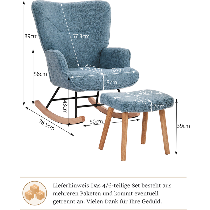 GOEURVANT 5006 Schaukelstuhl mit Hocker (Relaxsessel, Ohrensessel), Teddy-Stoff - Taubenblau – Bild 6