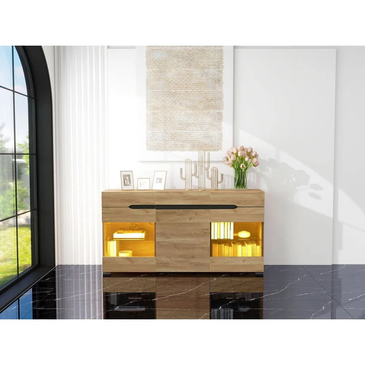 Merax 140cm Sideboard Schrank Modern Wohnzimmer Anrichte Möbel 3 Türen 3 Schubladen Moderne Kommode mit viel Stauraum – Bild 3