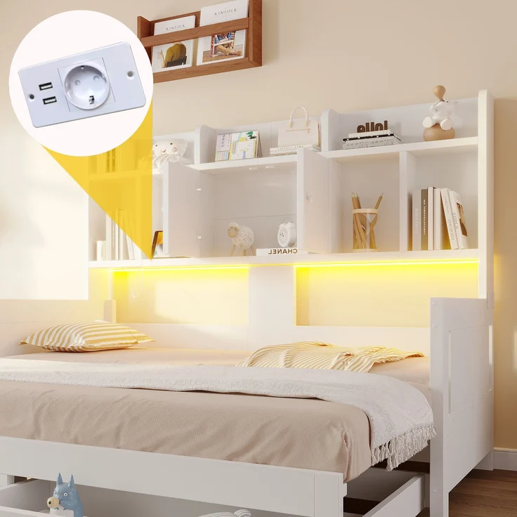 EINHOM Multifunktionales Ausziehbares Schlafsofa Aus Holz Mit Schubladen, Ablageflächen, Schränken und offenen Fächern, Ausgestattet Mit Steckdosen und LED-Beleuchtung, Gästebett, Weiß (Ohne Matratze) – Bild 5